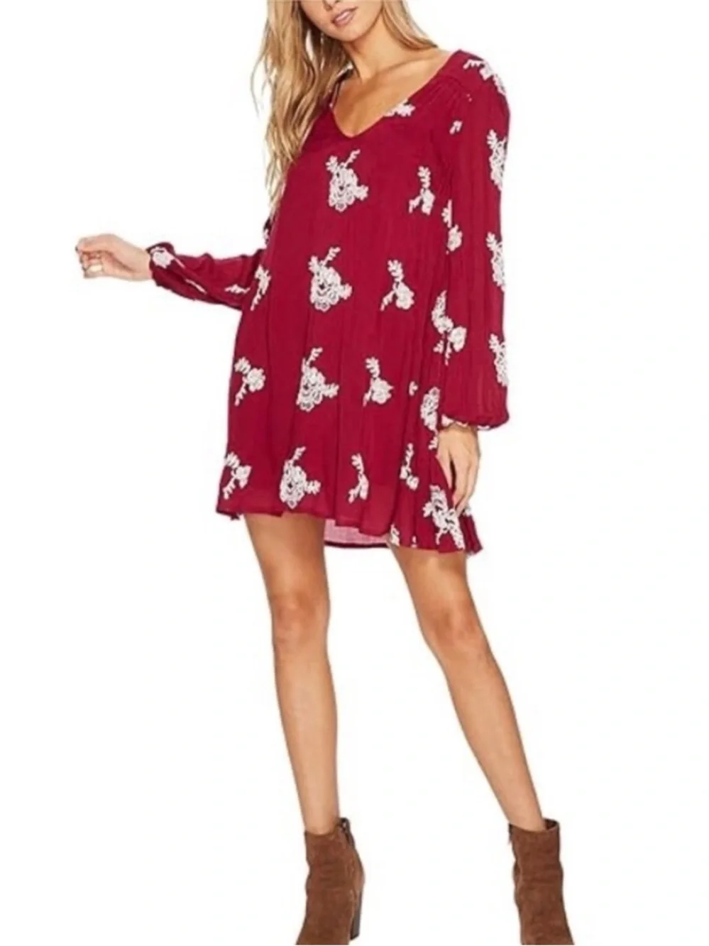 Free People Emma Embroidered V-Neck Long Sleeve Swing Dress- Purple Combo. L